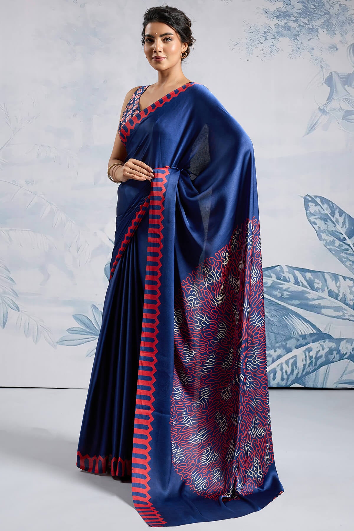 Seraglio Navy Blue Ajrakh Printed Satin Silk Saree With Dulcet Blouse Piece
