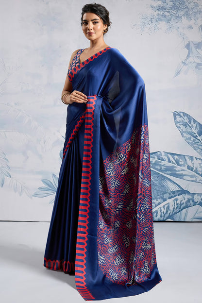 Seraglio Navy Blue Ajrakh Printed Satin Silk Saree With Dulcet Blouse Piece