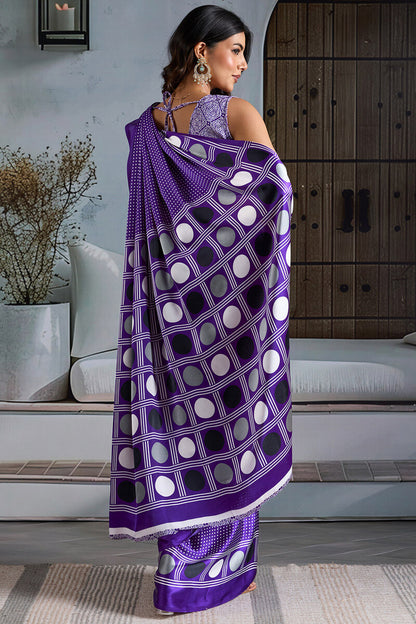 Deserving Purple Ajrakh Printed Satin Silk Saree With Lustrous Blouse Piece