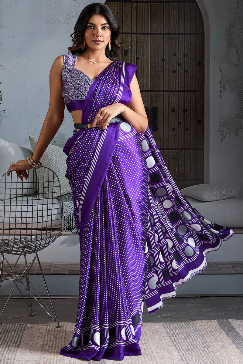 Deserving Purple Ajrakh Printed Satin Silk Saree With Lustrous Blouse Piece