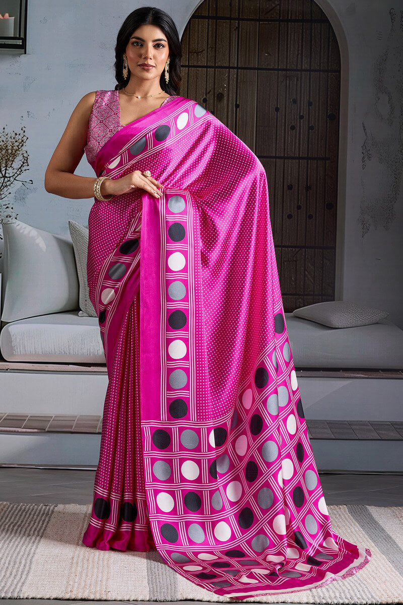 Energetic Dark Pink Ajrakh Printed Satin Silk Saree With Glowing Blouse Piece