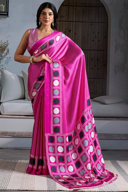 Energetic Dark Pink Ajrakh Printed Satin Silk Saree With Glowing Blouse Piece