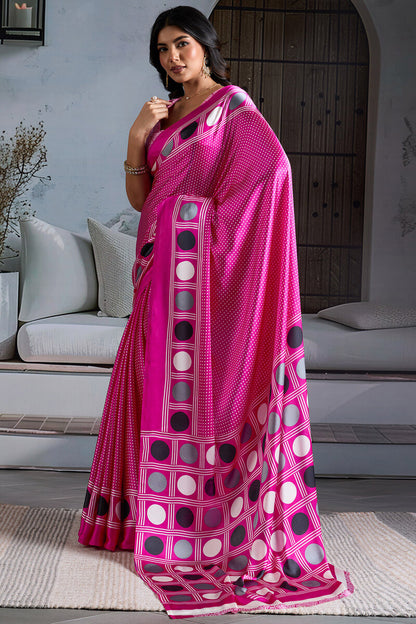 Energetic Dark Pink Ajrakh Printed Satin Silk Saree With Glowing Blouse Piece