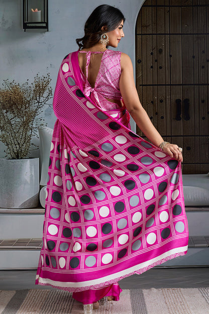 Energetic Dark Pink Ajrakh Printed Satin Silk Saree With Glowing Blouse Piece