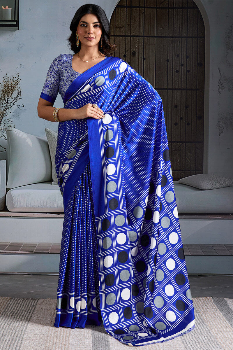 Profuse Royal Blue Ajrakh Printed Satin Silk Saree With Inimitable Blouse Piece