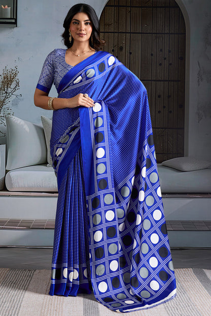 Profuse Royal Blue Ajrakh Printed Satin Silk Saree With Inimitable Blouse Piece