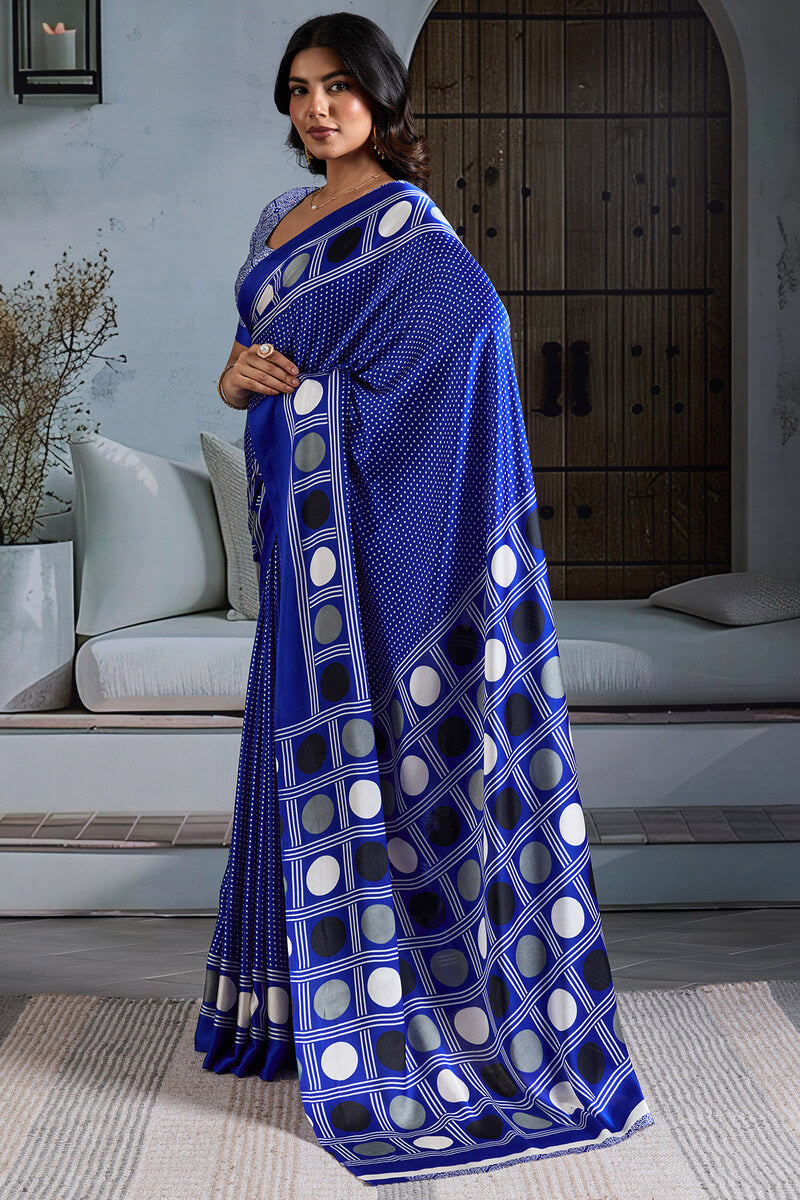 Profuse Royal Blue Ajrakh Printed Satin Silk Saree With Inimitable Blouse Piece