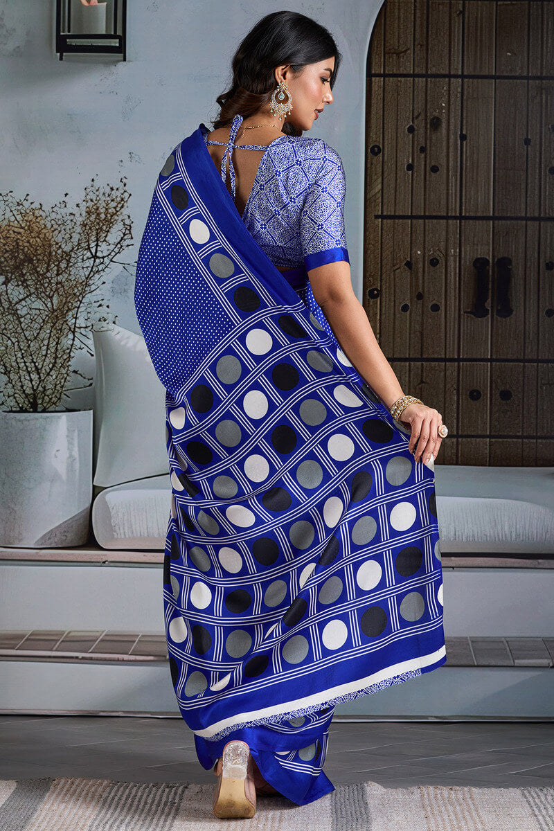 Profuse Royal Blue Ajrakh Printed Satin Silk Saree With Inimitable Blouse Piece