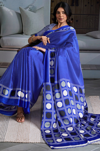 Profuse Royal Blue Ajrakh Printed Satin Silk Saree With Inimitable Blouse Piece