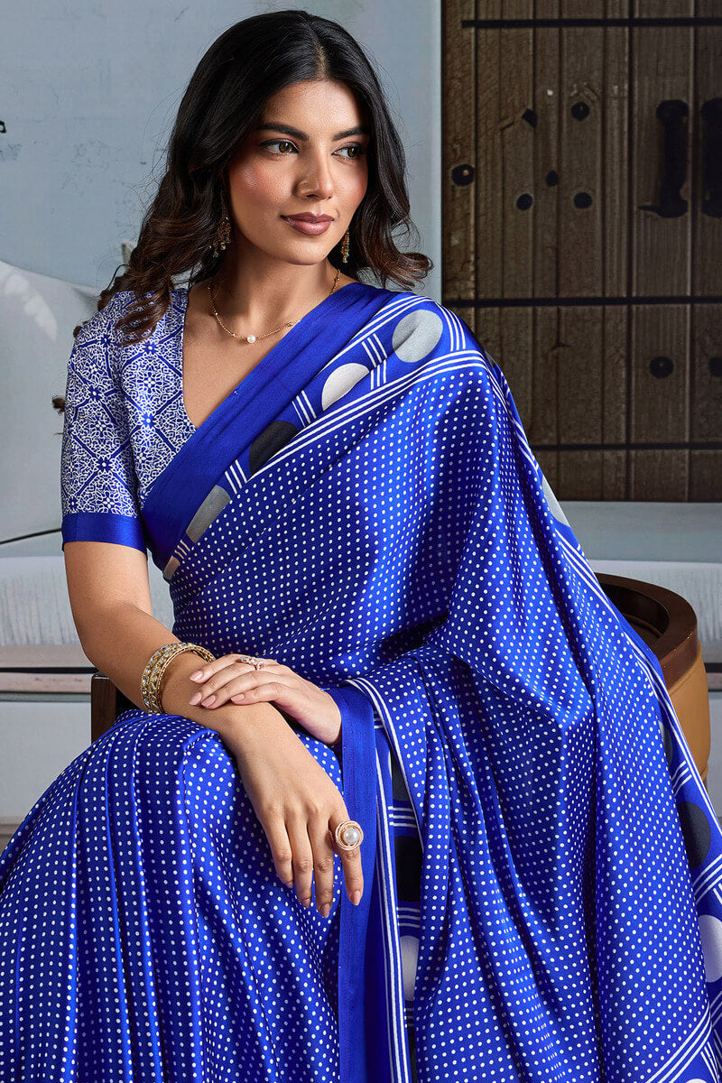 Profuse Royal Blue Ajrakh Printed Satin Silk Saree With Inimitable Blouse Piece