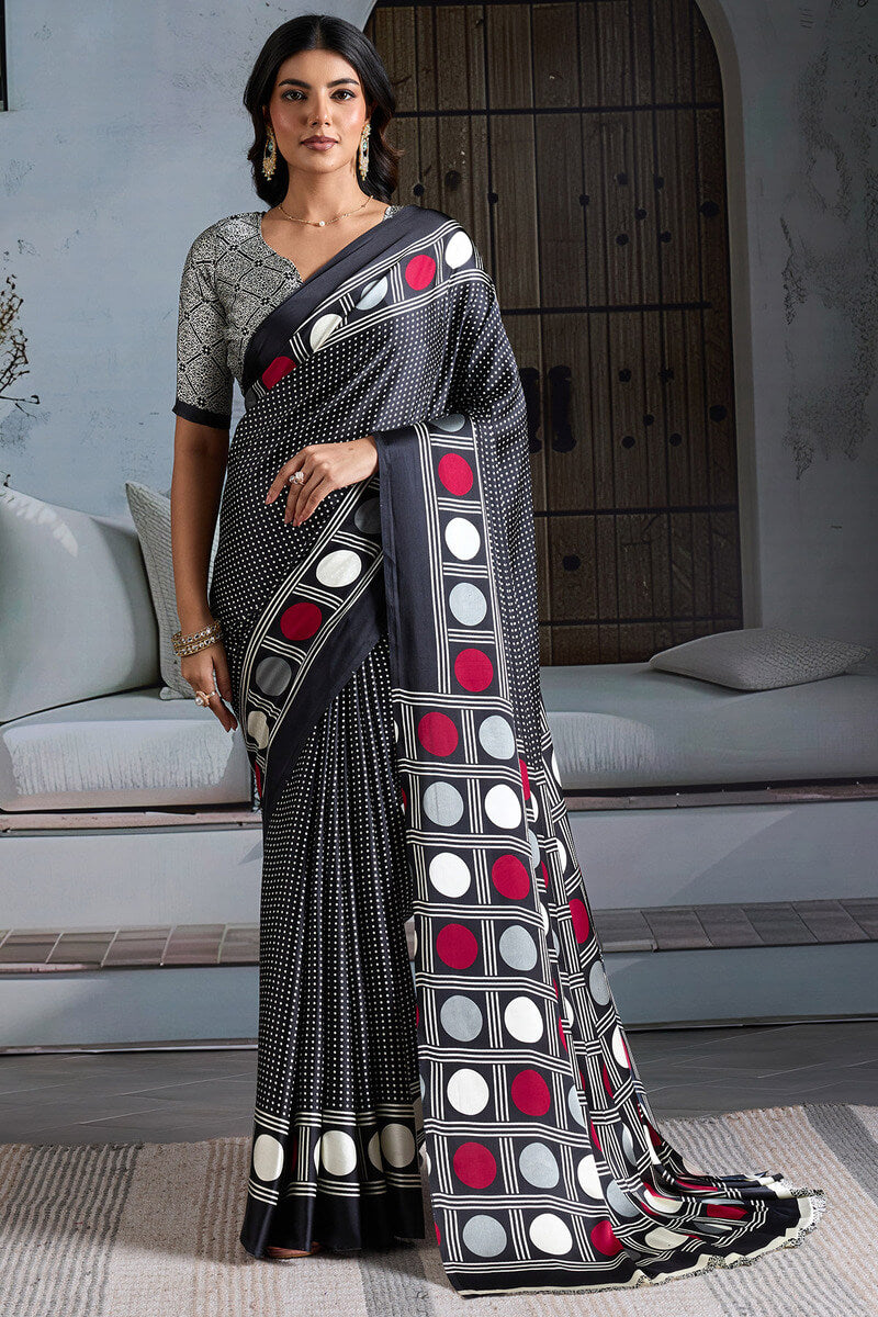 Super classy Black Ajrakh Printed Satin Silk Saree With Quintessential Blouse Piece