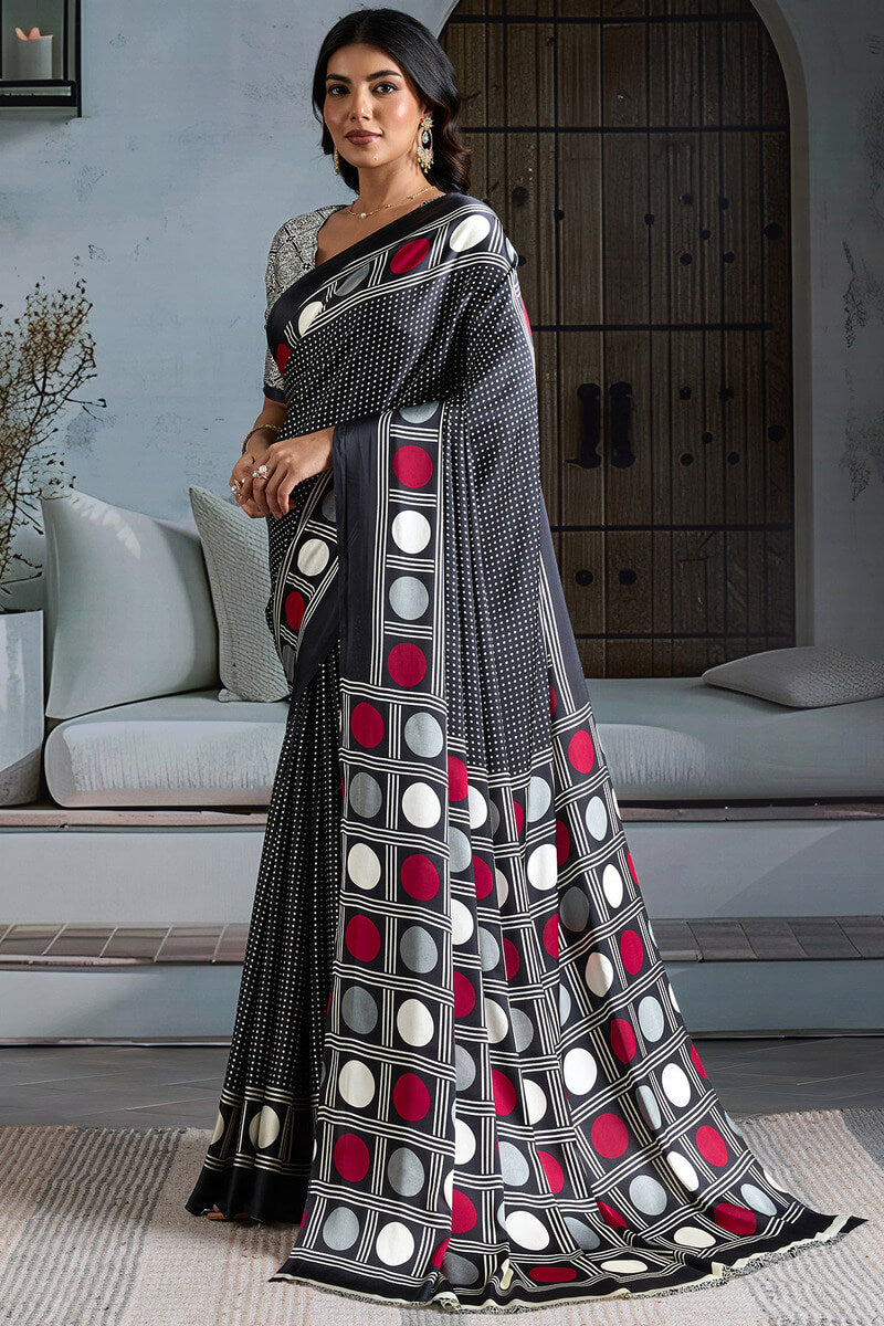 Super classy Black Ajrakh Printed Satin Silk Saree With Quintessential Blouse Piece