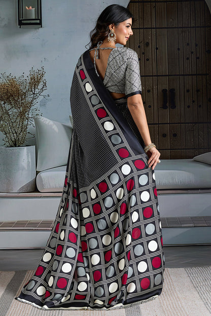 Super classy Black Ajrakh Printed Satin Silk Saree With Quintessential Blouse Piece