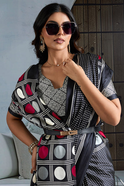 Super classy Black Ajrakh Printed Satin Silk Saree With Quintessential Blouse Piece