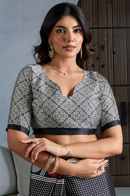 Super classy Black Ajrakh Printed Satin Silk Saree With Quintessential Blouse Piece