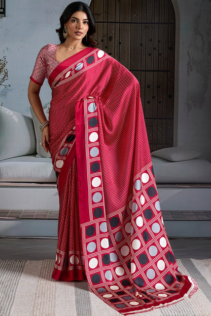 Exceptional Red Ajrakh Printed Satin Silk Saree With Scintillating Blouse Piece