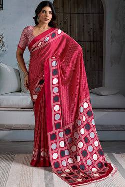 Exceptional Red Ajrakh Printed Satin Silk Saree With Scintillating Blouse Piece
