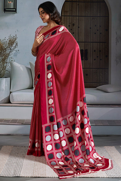 Exceptional Red Ajrakh Printed Satin Silk Saree With Scintillating Blouse Piece