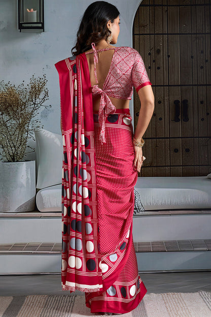 Exceptional Red Ajrakh Printed Satin Silk Saree With Scintillating Blouse Piece