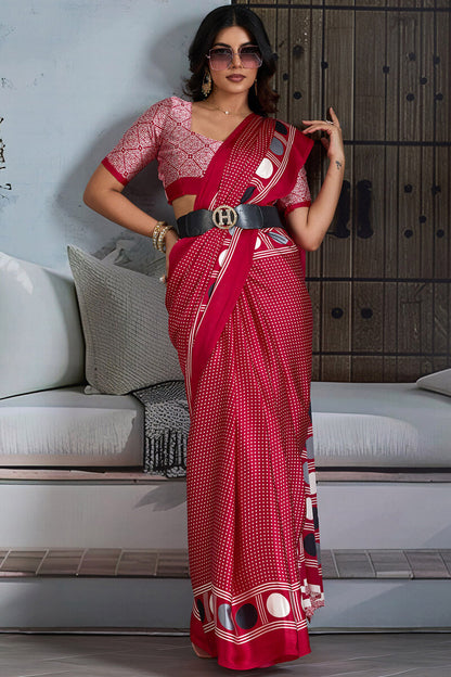 Exceptional Red Ajrakh Printed Satin Silk Saree With Scintillating Blouse Piece