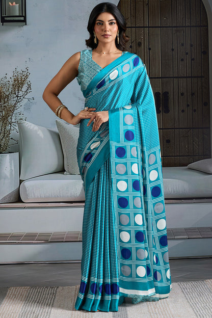 Ratatouille Firozi Ajrakh Printed Satin Silk Saree With Allure Blouse Piece