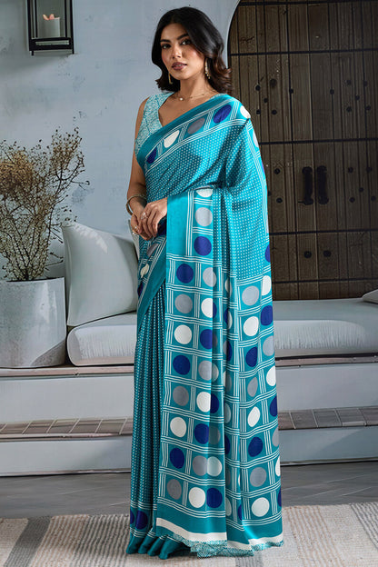 Ratatouille Firozi Ajrakh Printed Satin Silk Saree With Allure Blouse Piece