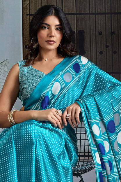 Ratatouille Firozi Ajrakh Printed Satin Silk Saree With Allure Blouse Piece