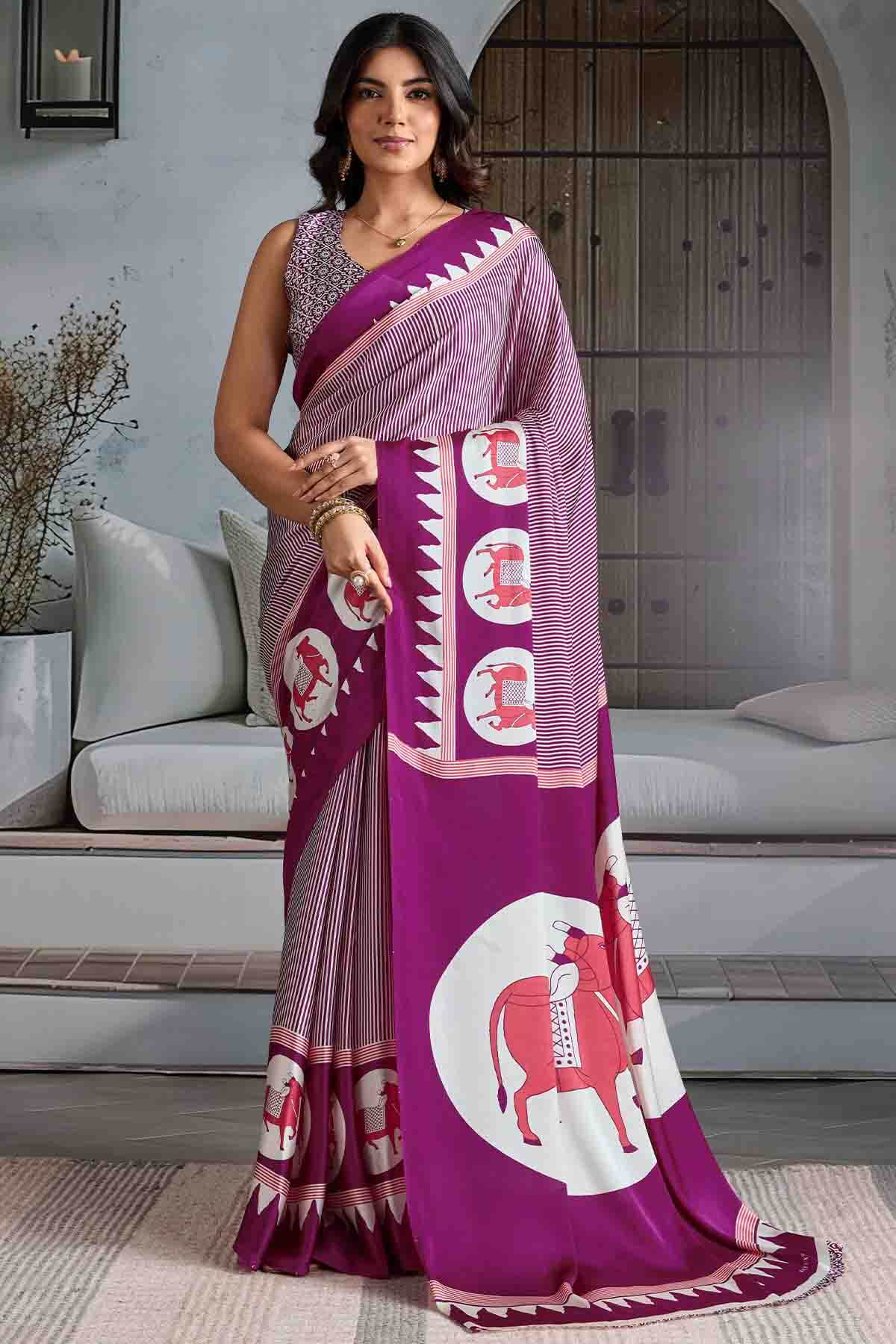 Lagniappe Wine Ajrakh Printed Satin Silk Saree With Diaphanous Blouse Piece