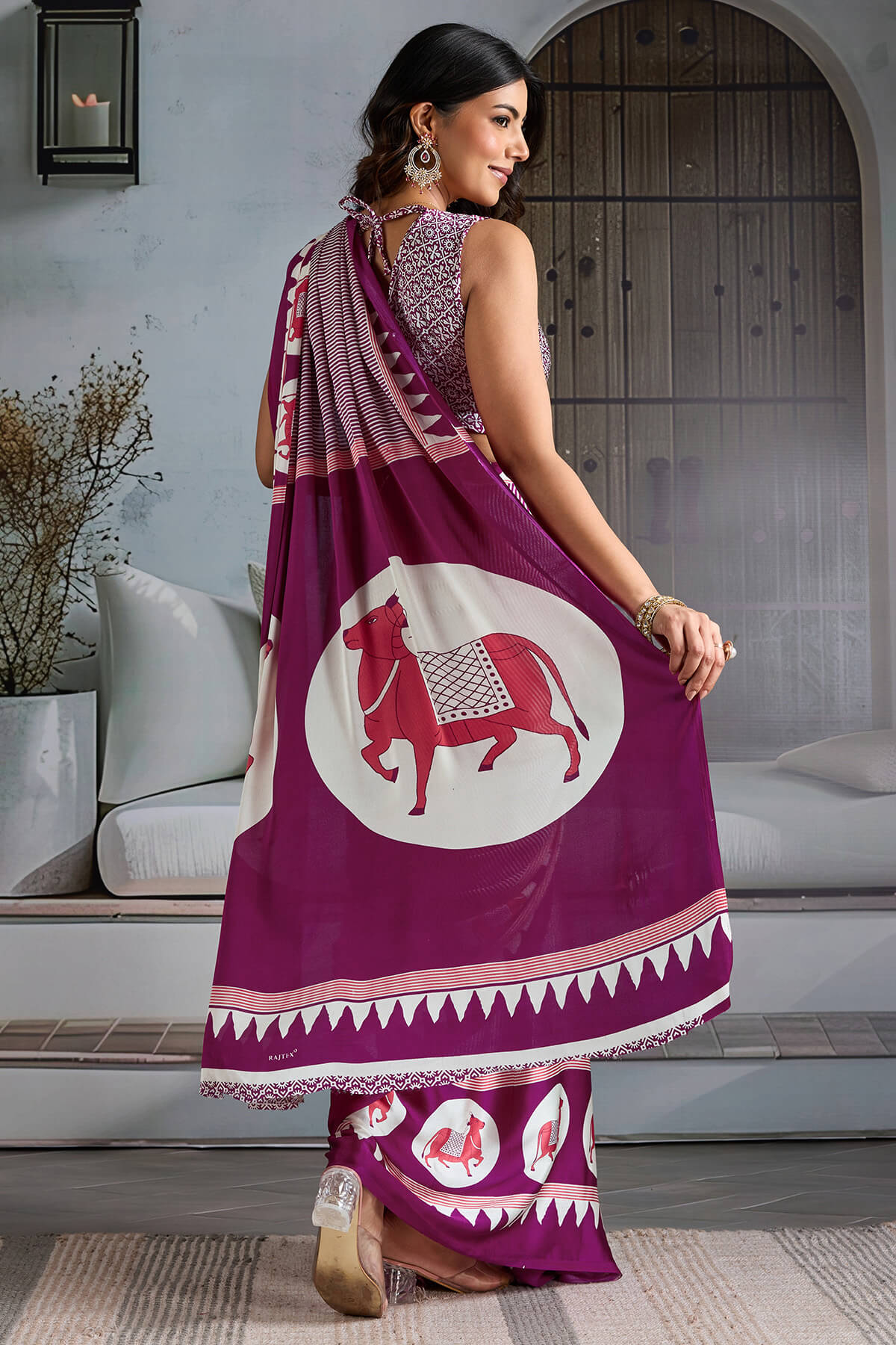Lagniappe Wine Ajrakh Printed Satin Silk Saree With Diaphanous Blouse Piece