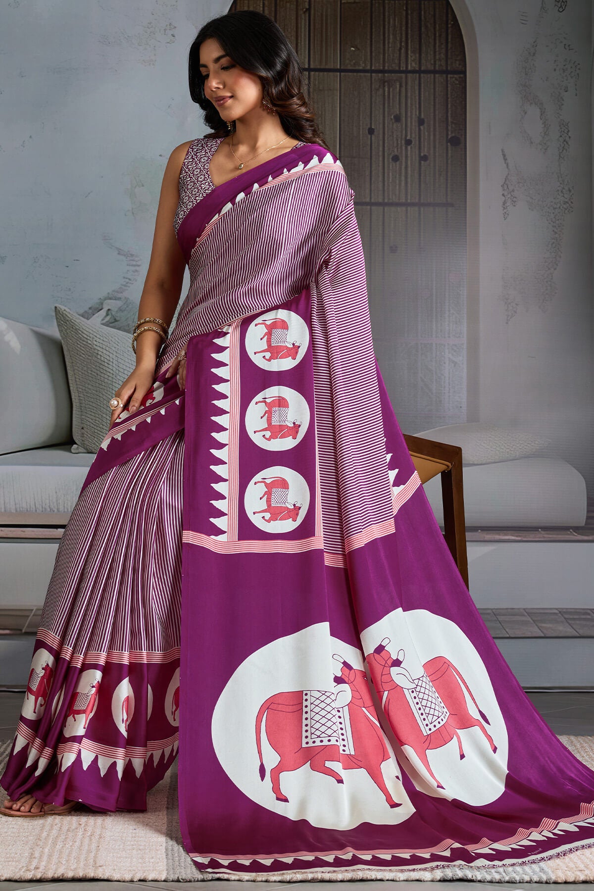 Lagniappe Wine Ajrakh Printed Satin Silk Saree With Diaphanous Blouse Piece
