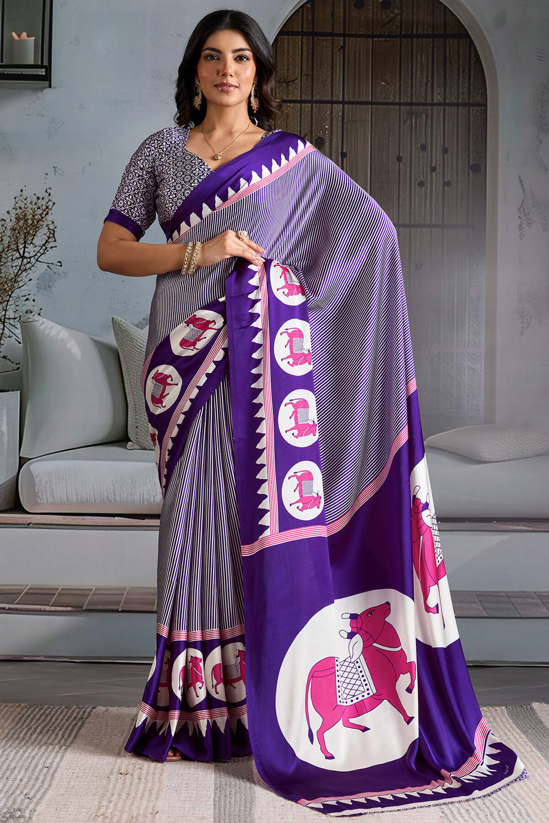 Innovative Purple Ajrakh Printed Satin Silk Saree With Transcendent Blouse Piece
