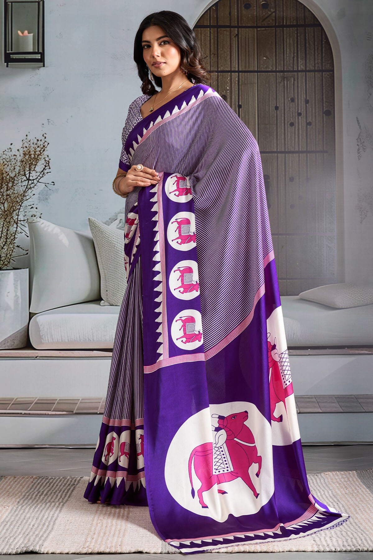 Innovative Purple Ajrakh Printed Satin Silk Saree With Transcendent Blouse Piece