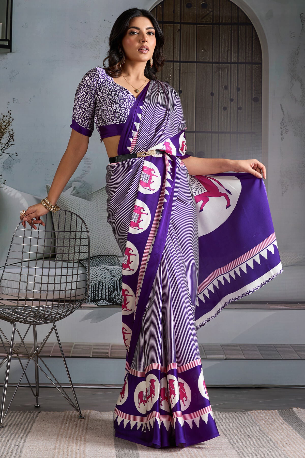 Innovative Purple Ajrakh Printed Satin Silk Saree With Transcendent Blouse Piece