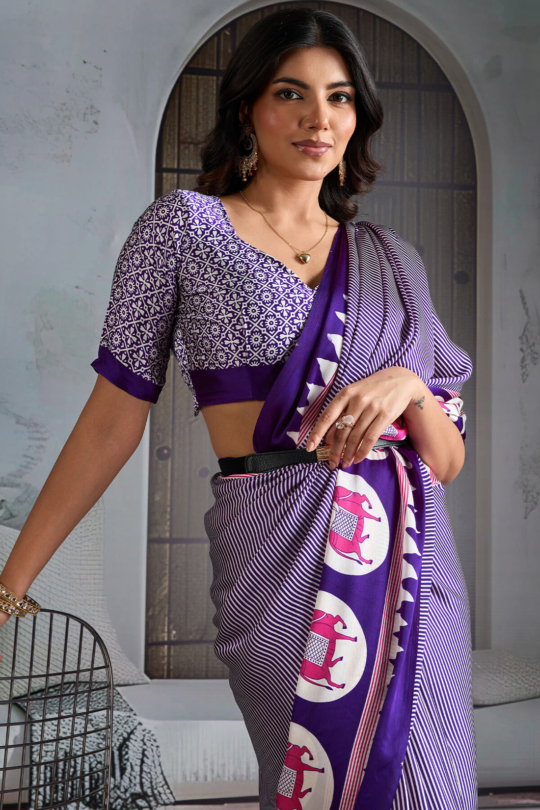 Innovative Purple Ajrakh Printed Satin Silk Saree With Transcendent Blouse Piece