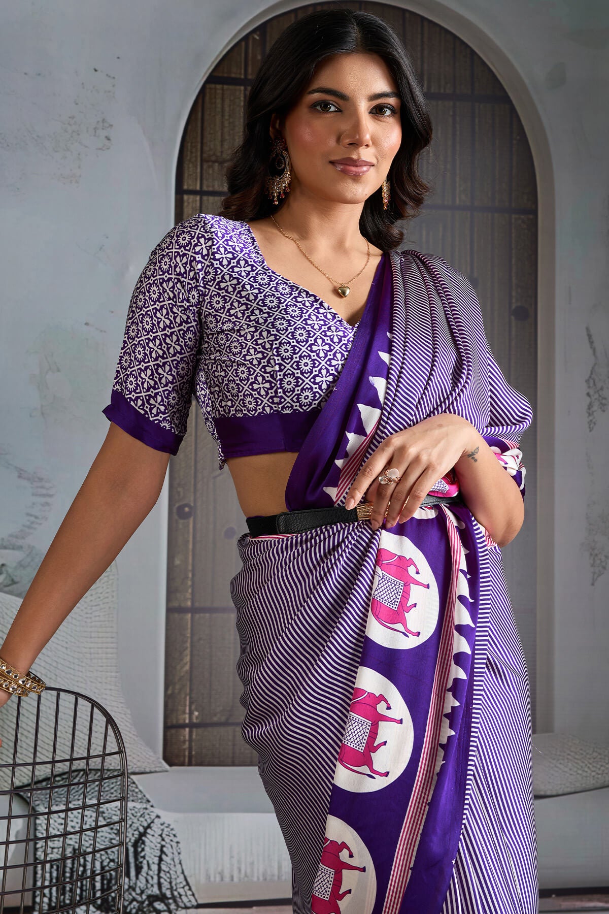 Innovative Purple Ajrakh Printed Satin Silk Saree With Transcendent Blouse Piece