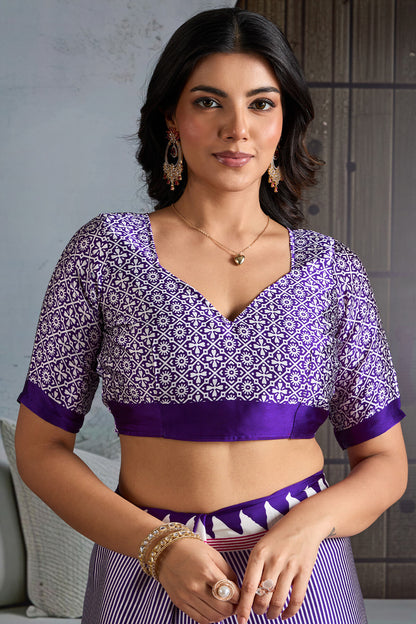 Innovative Purple Ajrakh Printed Satin Silk Saree With Transcendent Blouse Piece