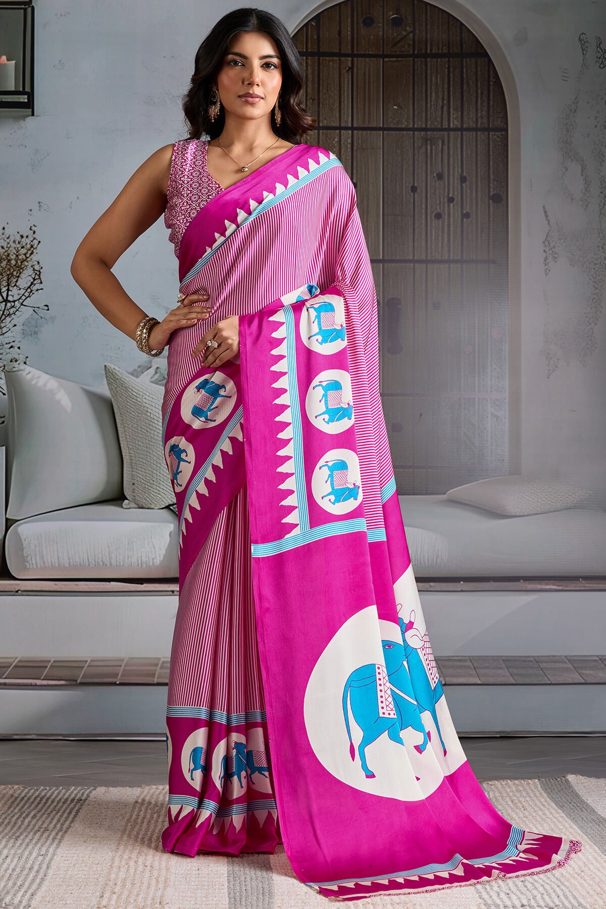 Glittering Dark Pink Ajrakh Printed Satin Silk Saree With Pretty Blouse Piece