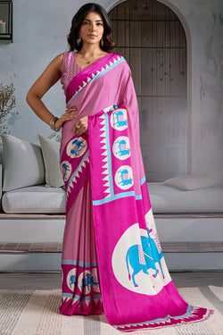 Glittering Dark Pink Ajrakh Printed Satin Silk Saree With Pretty Blouse Piece
