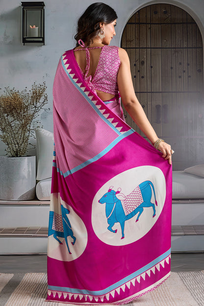 Glittering Dark Pink Ajrakh Printed Satin Silk Saree With Pretty Blouse Piece