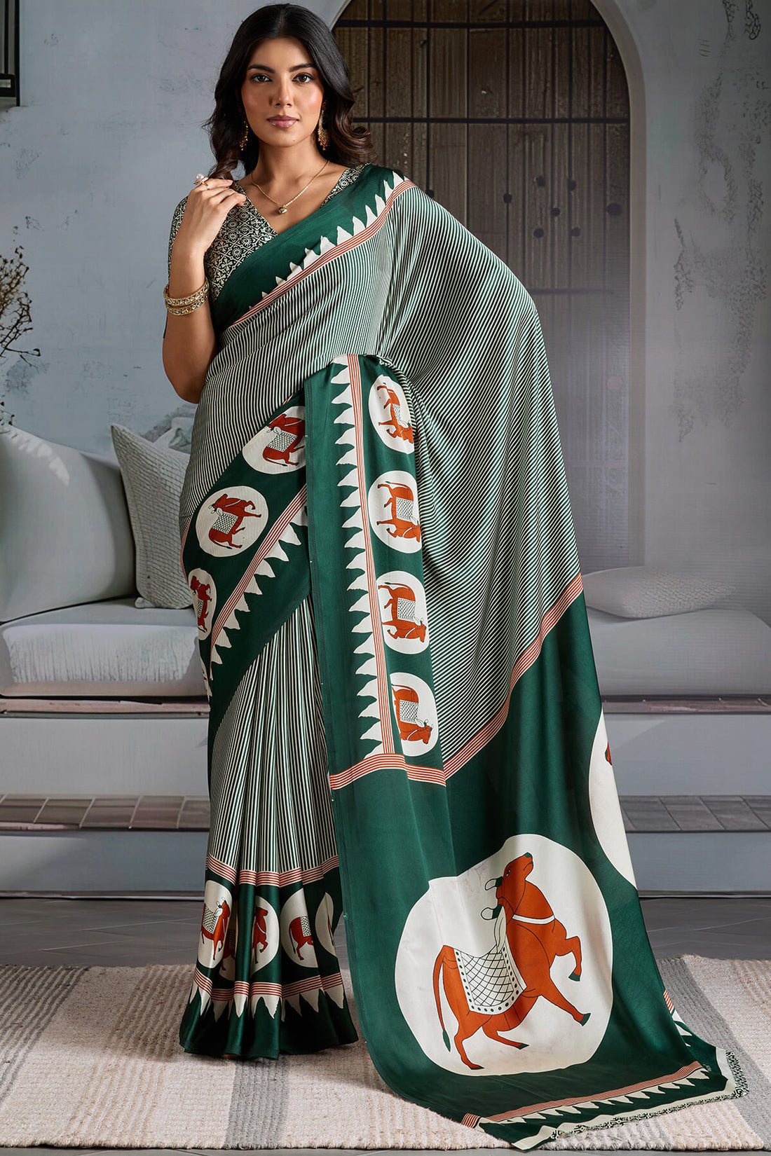 Resplendent Dark Green Ajrakh Printed Satin Silk Saree With Lassitude Blouse Piece