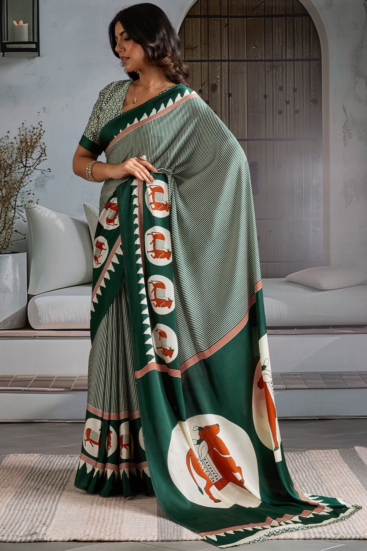 Resplendent Dark Green Ajrakh Printed Satin Silk Saree With Lassitude Blouse Piece
