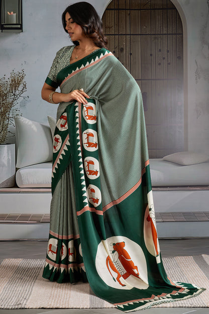 Resplendent Dark Green Ajrakh Printed Satin Silk Saree With Lassitude Blouse Piece