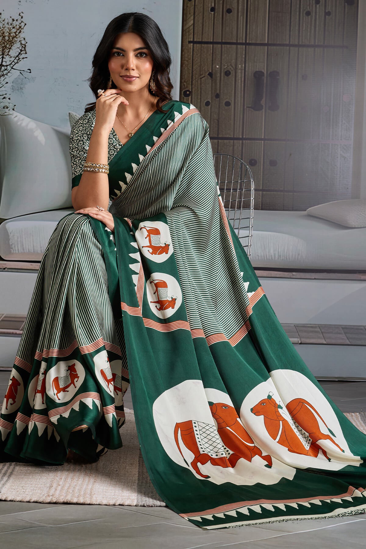 Resplendent Dark Green Ajrakh Printed Satin Silk Saree With Lassitude Blouse Piece