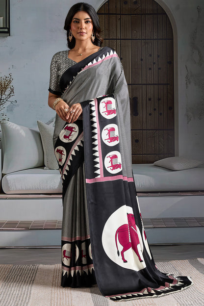 Angelic Black Ajrakh Printed Satin Silk Saree With Staring Blouse Piece
