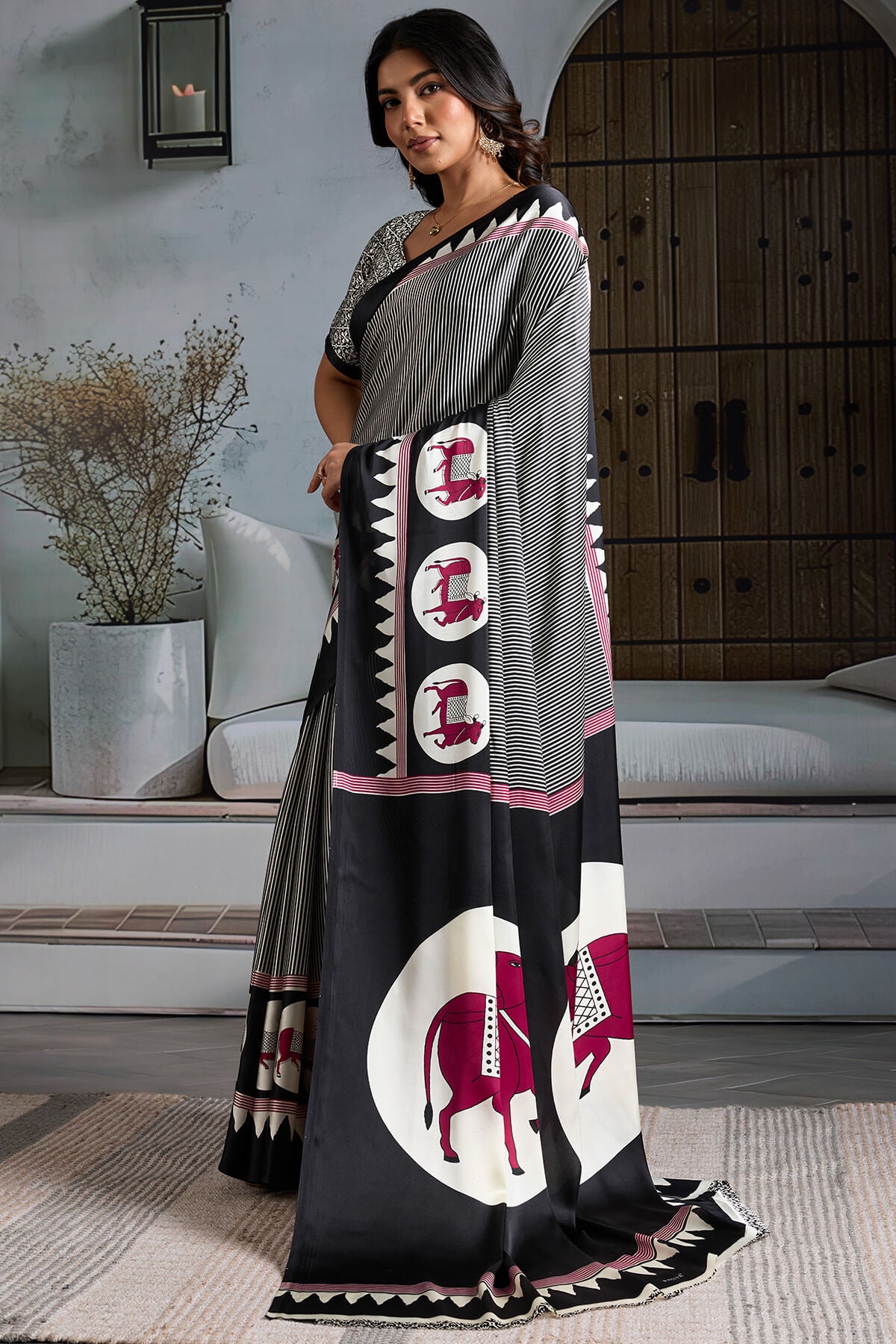 Angelic Black Ajrakh Printed Satin Silk Saree With Staring Blouse Piece