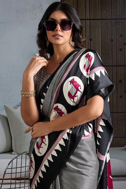 Angelic Black Ajrakh Printed Satin Silk Saree With Staring Blouse Piece