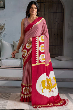 Mesmeric Red Ajrakh Printed Satin Silk Saree With Magnetic Blouse Piece