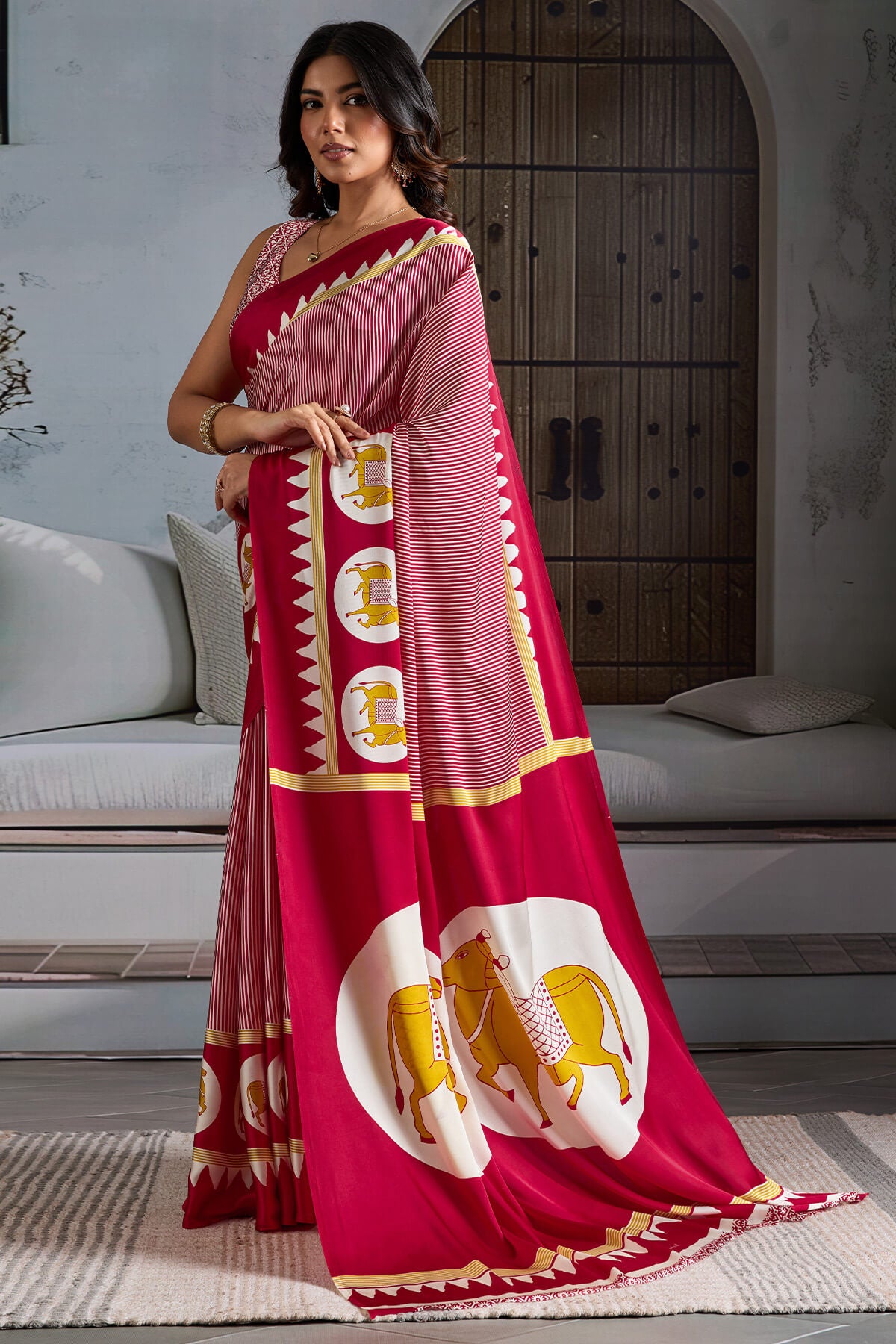 Mesmeric Red Ajrakh Printed Satin Silk Saree With Magnetic Blouse Piece