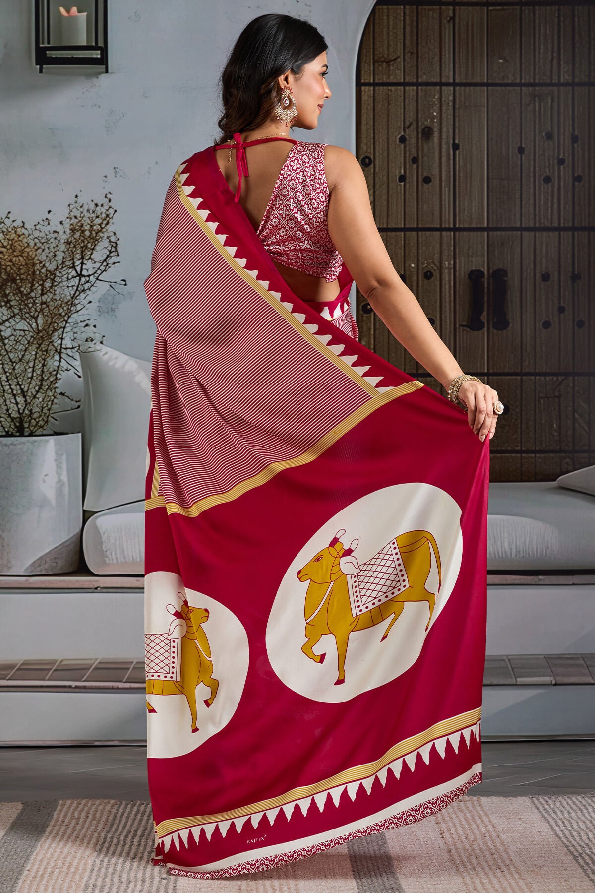 Mesmeric Red Ajrakh Printed Satin Silk Saree With Magnetic Blouse Piece