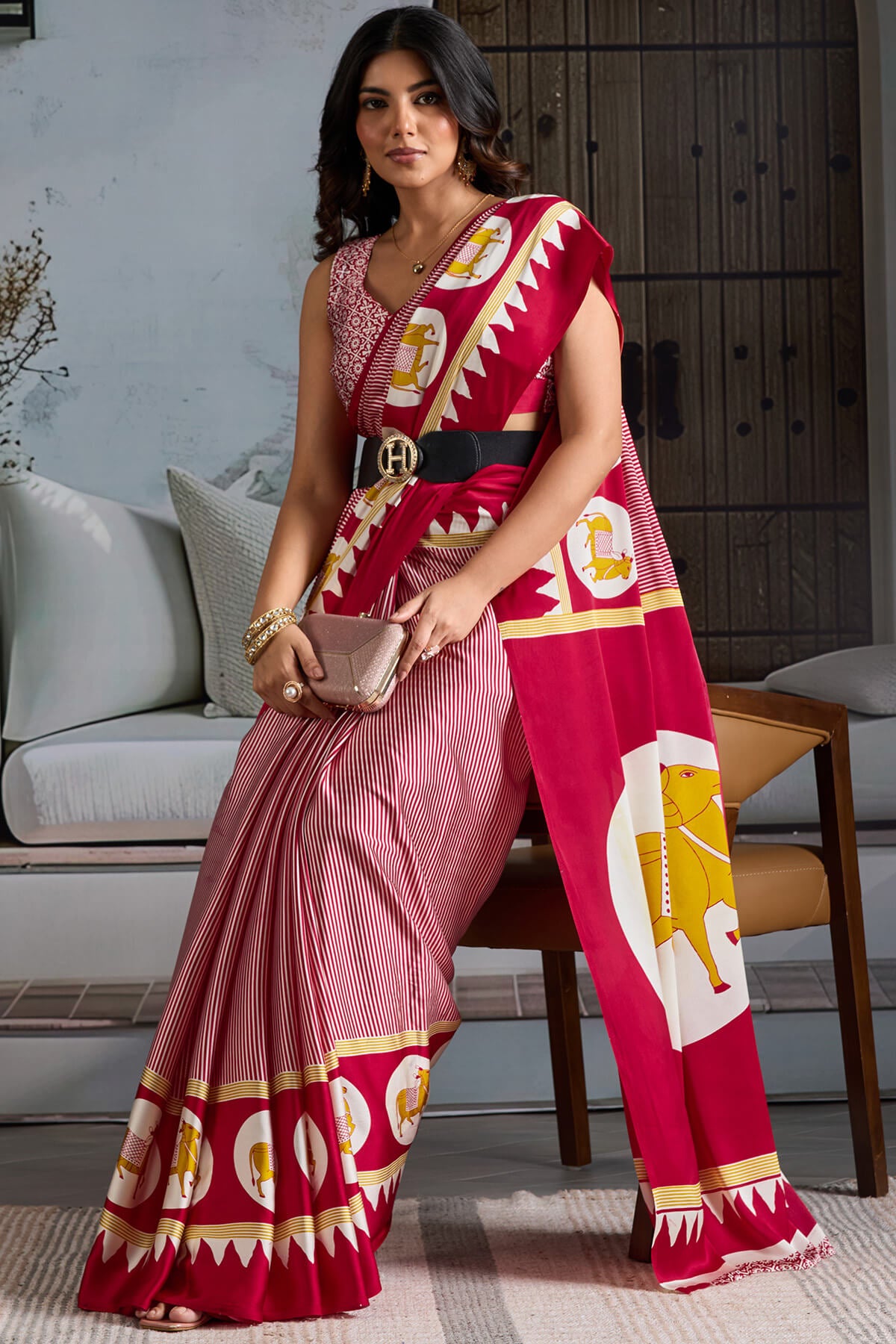 Mesmeric Red Ajrakh Printed Satin Silk Saree With Magnetic Blouse Piece